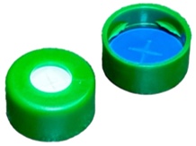 11 mm PE Schnappringkappe, grün, mit Loch; Silicon weiß/PTFE blau, 55° Shore A, 1,0 mm, kreuzgeschlitzt
