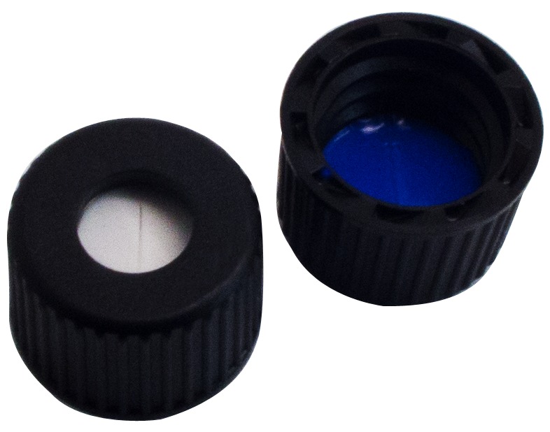 8 mm PP-Schraubkappe, schwarz, mit Loch; Silicon weiß/PTFE blau, 1,5 mm, geschlitzt