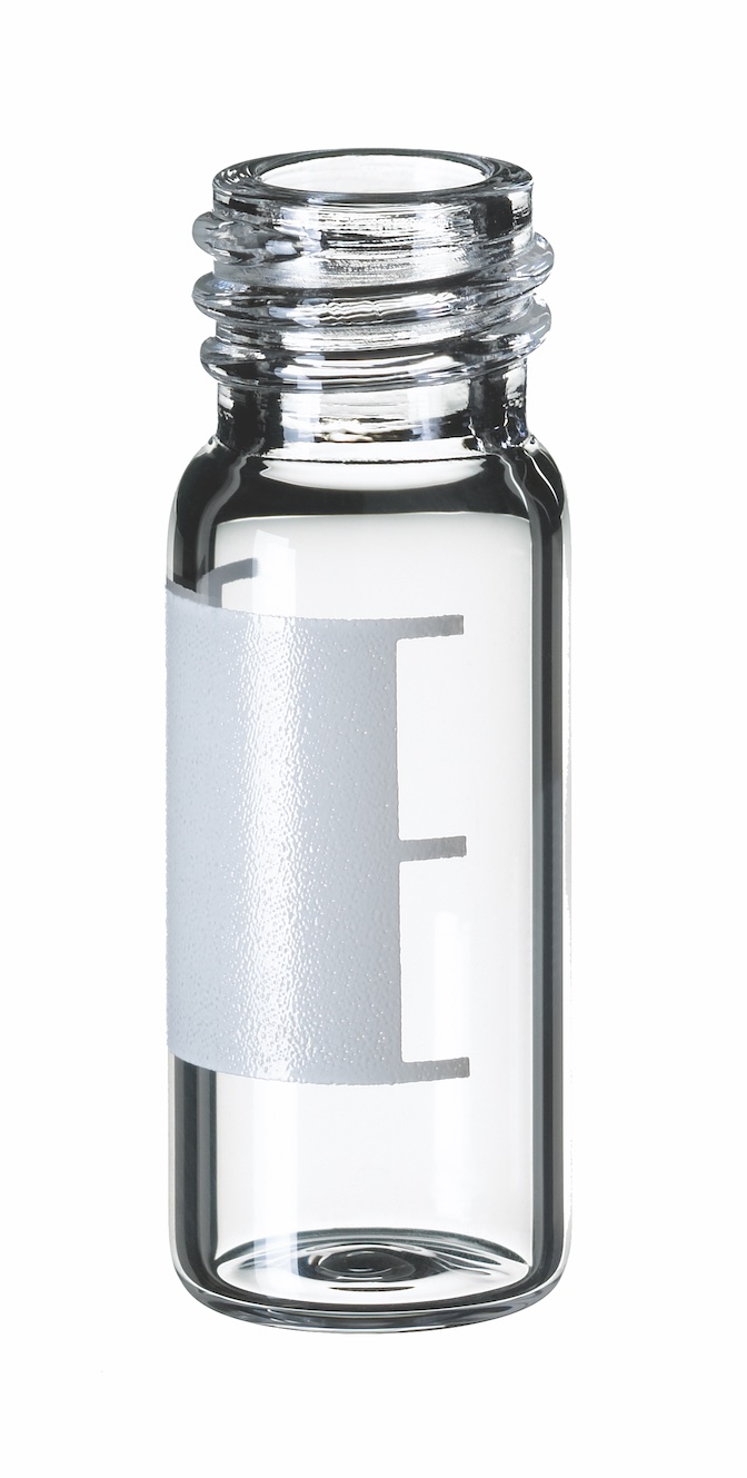1,5ml Gewindeflasche, Gewinde 10-425, 32 x 11,6mm, Klarglas, 1. hydrol. Klasse, mit Schriftfeld und Füllmarkierung, weite Öffnung