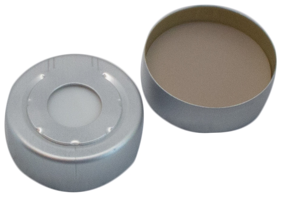 20 mm UltraClean Headspace-Kappe mit Überdrucksicherung, farblos lackiert, mit Loch; Silicon weiß/PTFE beige, 45°Shore A, 3,0 mm