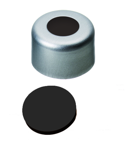 8mm Verschluss: Aluminium Bördelkappe, farblos lackiert, mit Loch; Viton 1A schwarz, 70° shore A, 1,5mm