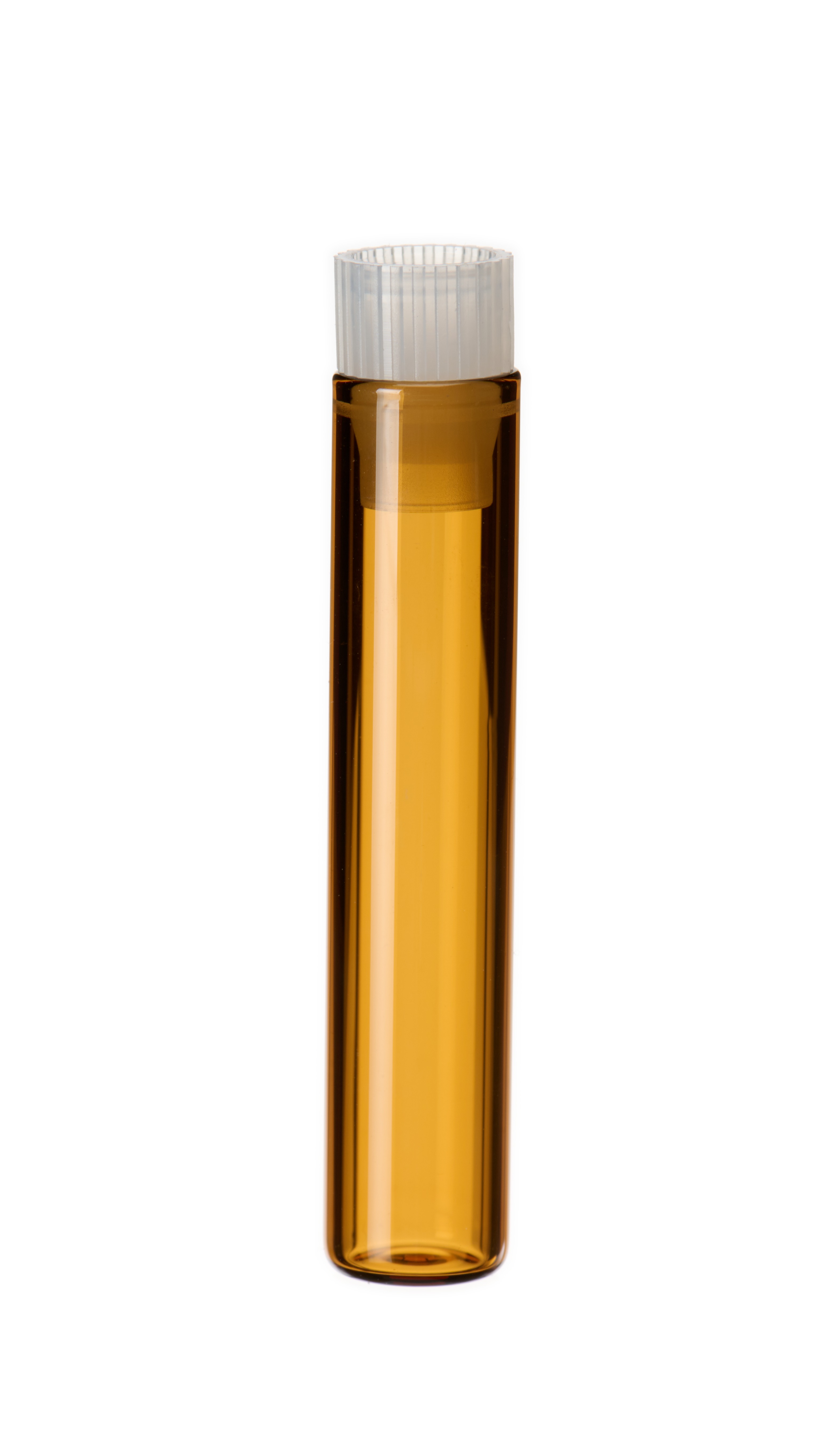 1 ml Flachbodenglas, (0535+0556), 40 × 8 mm, Braunglas; 8 mm PE Stopfen, transparent (ohne Einschubsperre)