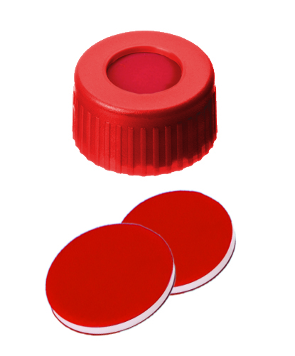 9mm PP Kurzgewindeschraubkappe, rot, 6mm Loch; 9mm Scheibe, PTFE rot/ Silicon weiß/ PTFE rot, 50 shore A, 1,0mm