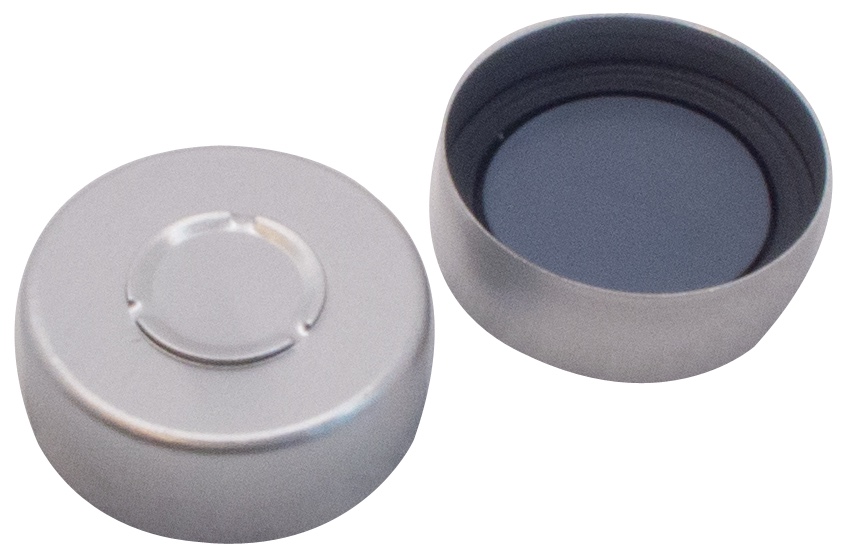 20 mm Mittelabrisskappe, farblos lackiert; Pharma-Fix-Scheibe (Butyl/PTFE), 50° Shore A, 3,0 mm
