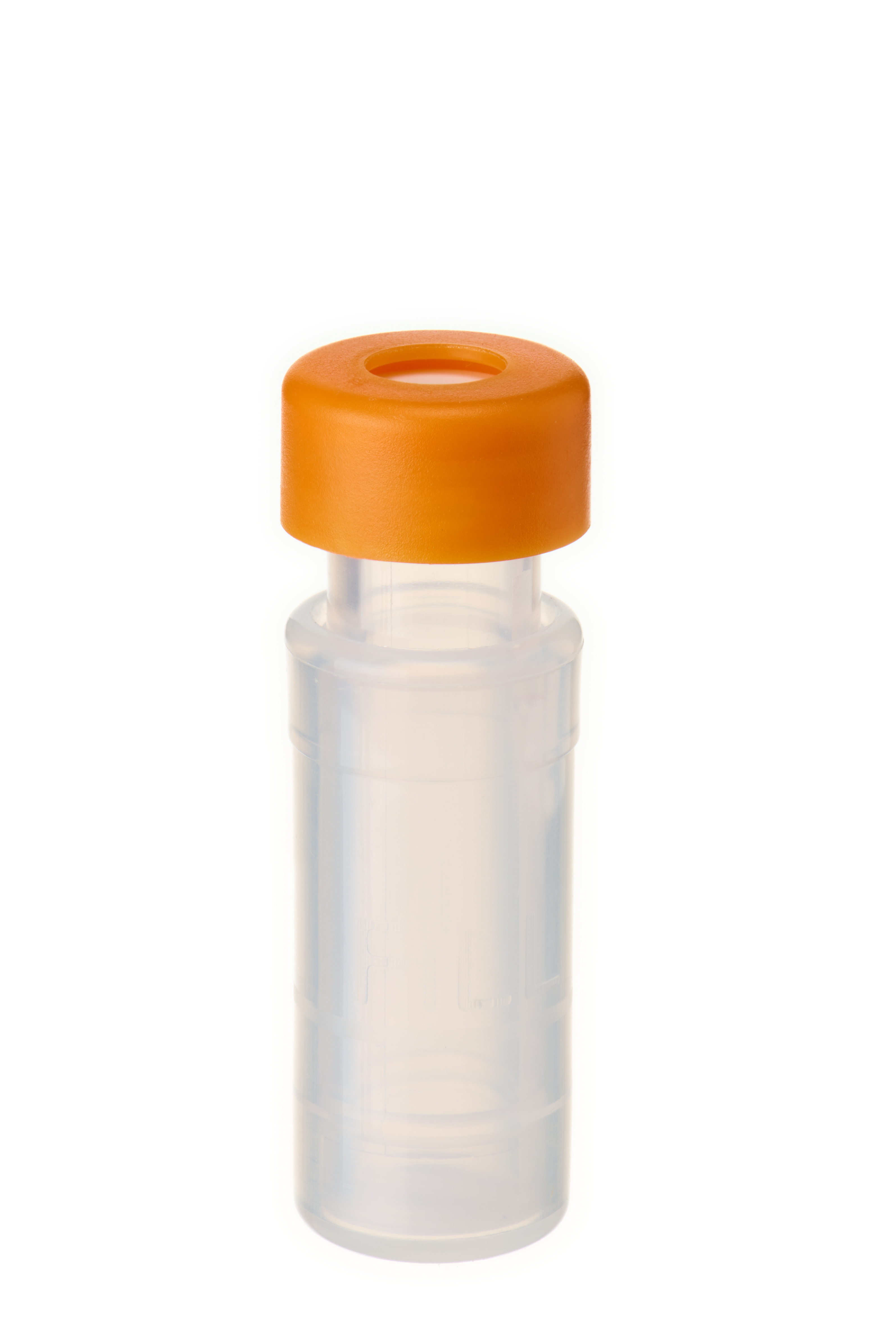 Filter Vial, (2116+2141) Membrane PVDF (Polyvinylidene Fluoride), 0,45 µm, inkl. 11 mm PE Schnappringkappe, orange, mit Loch; Silicon weiß/PTFE rot, 45° Shore A, 1,0 mm, kreuzgeschlitzt