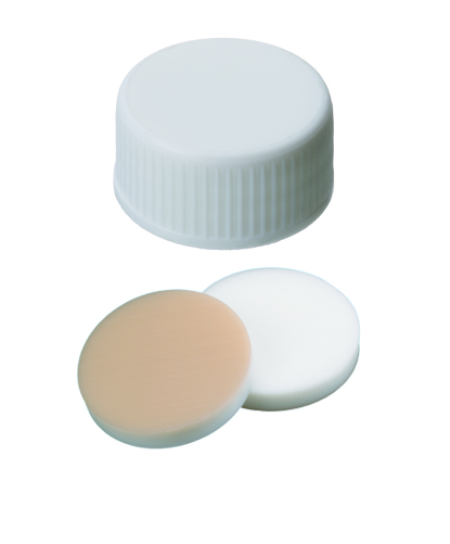 24mm Verschluß: PP-Schraubkappe, weiß, geschlossen; Silicon natur/PTFE beige, 45° shore A, 3,2mm, (EPA- Qualität)