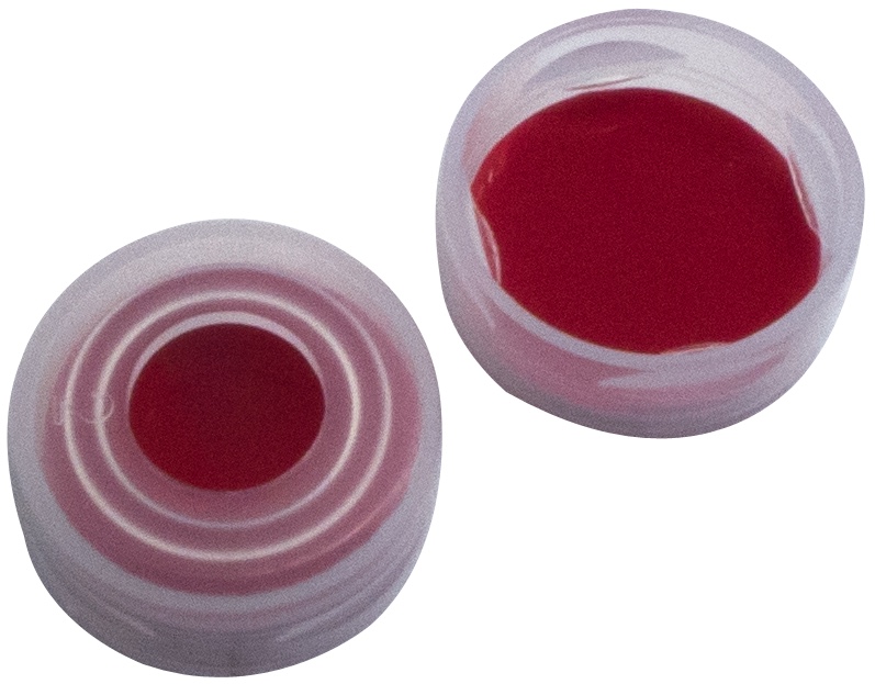 11 mm PE-Schnappringkappe, transparent, mit Loch; PTFE rot/Silicon weiß/PTFE rot, 45° Shore A, 1,0 mm