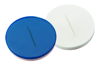 9 mm Scheibe, Silicon weiß/PTFE blau, 55° Shore A, geschlitzt