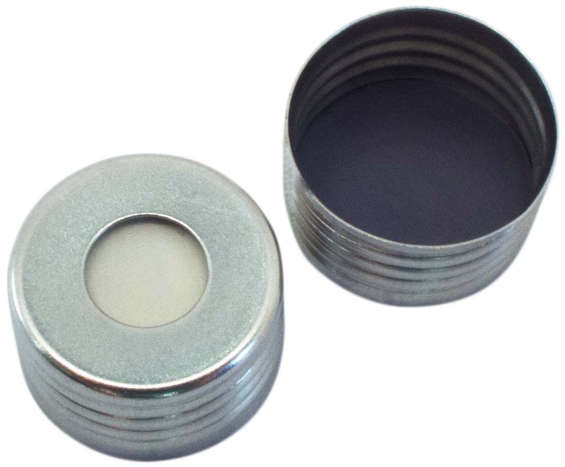 18mm Verschluss: Magnetische Universalschraubkappe, silber, mit Loch; Butyl rot/PTFE grau, 55° shore A, 1,6mm
