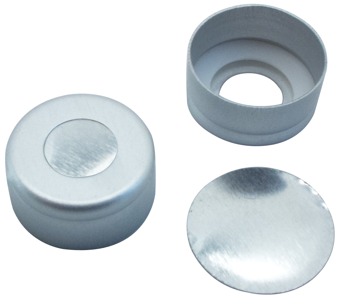 11 mm TPF Verschluss: Aluminium-Bördelkappe, silber, mit Loch und Rollierung; Aluminum Septum, 0,1 mm (TPF O-Ring)