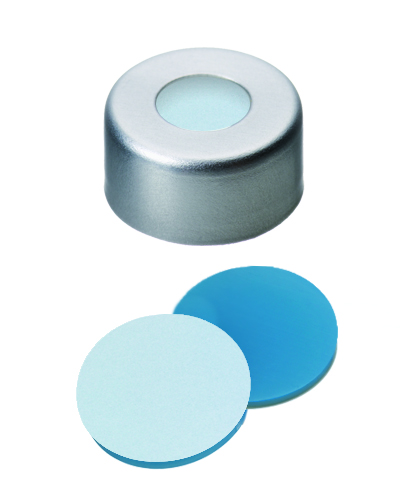 8mm Verschluss: Aluminium Bördelkappe, farblos lackiert, mit Loch; Silicon blau transparent/PTFE weiß, 45° shore A, 1,3mm
