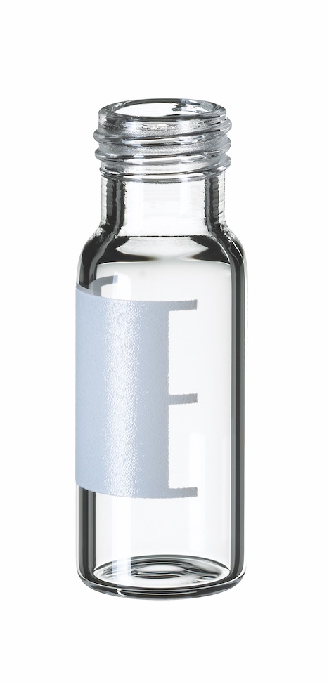 1,5ml Kurzgewindeflasche, 32 x 11,6mm, Klarglas, 1. hydrolytische Klasse, weite Öffnung, Schriftfeld und Füllmarkierungen