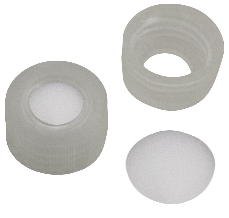 9 mm PP-Kurzgewindekappe, transparent, mit Loch; PTFE virginal, 0,20 mm (Silikon O-Ring)
