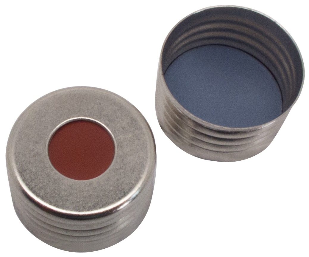 18 mm Magnetische Universalschraubkappe, silber, mit Loch; Butyl rot/PTFE grau, 55° Shore A, 1,6 mm