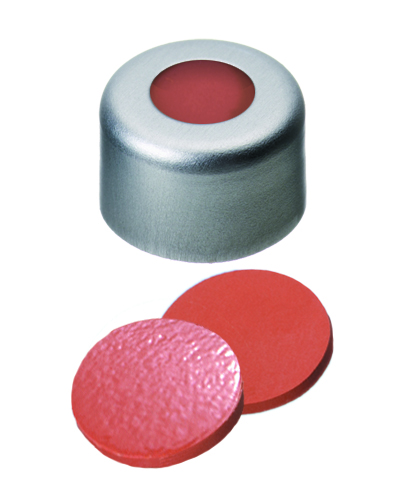 8mm Verschluss: Aluminium Bördelkappe, farblos lackiert, mit Loch; Naturkautschuk rot-orange/TEF transparent, 60° shore A, 1,0mm