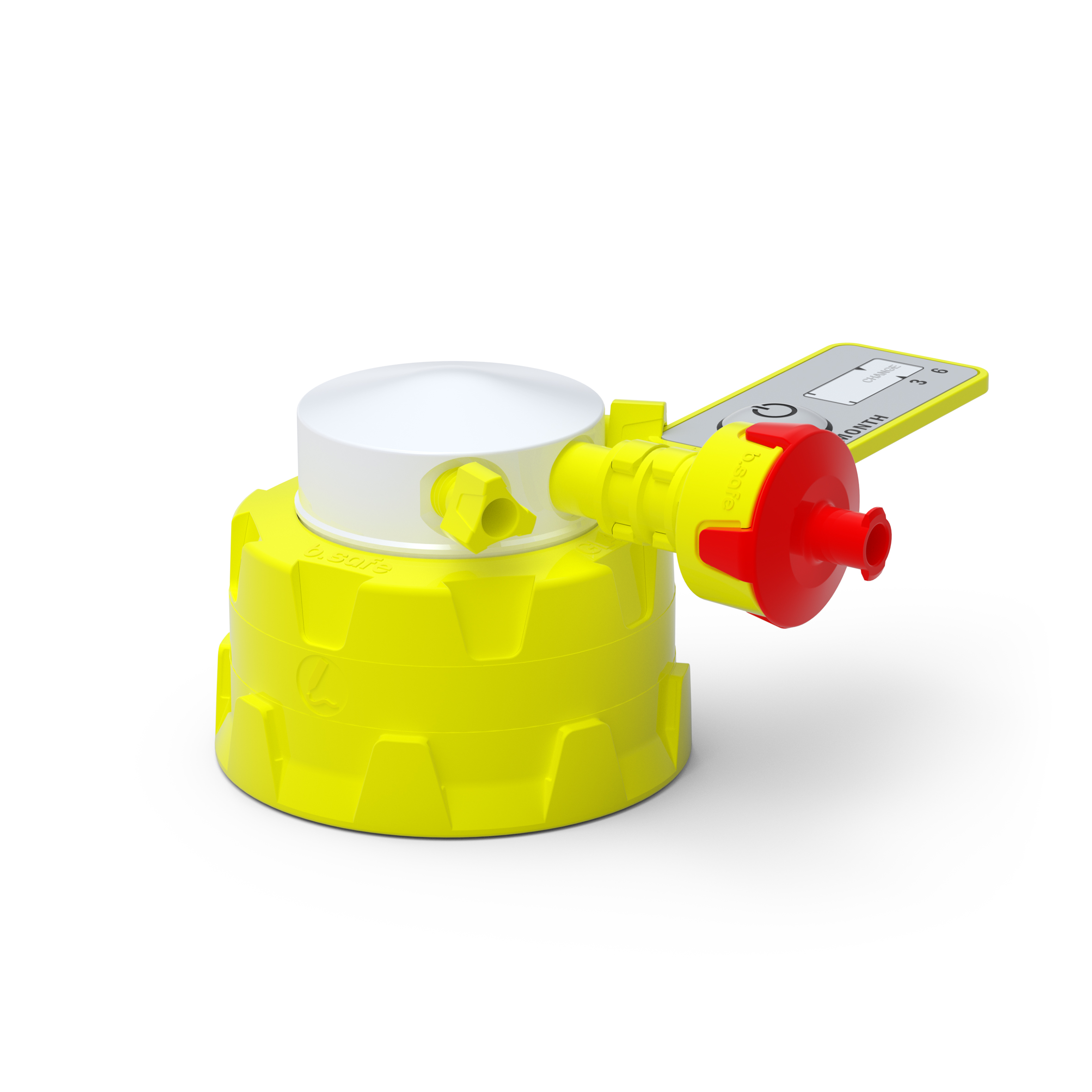 Kappe GL45 aus PP-gelb, Einsatz aus PTFE mit 2 Kapillaranschlüssen (UNF 1/4") seitlich im Winkel 90° zum Flaschengewinde, Zubehör: 1 Belüftungsventil mit Wechselanzeige, 2 Fittings für Schlauch-Außen-Ø 3,2 mm (PFA-gelb), 1 Blindfitting (PFA-milchig-w