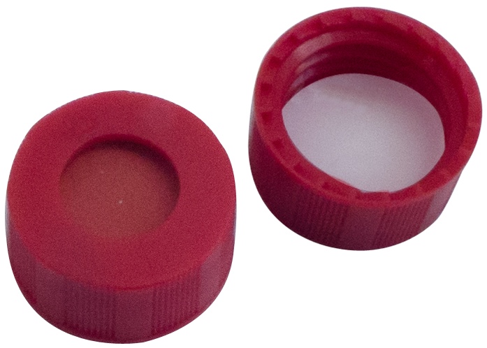 9 mm PP-Kurzgewindekappe, rot, mit Loch; RedRubber/PTFE beige, 45° Shore A, 1,0 mm (Agilent Qualität)