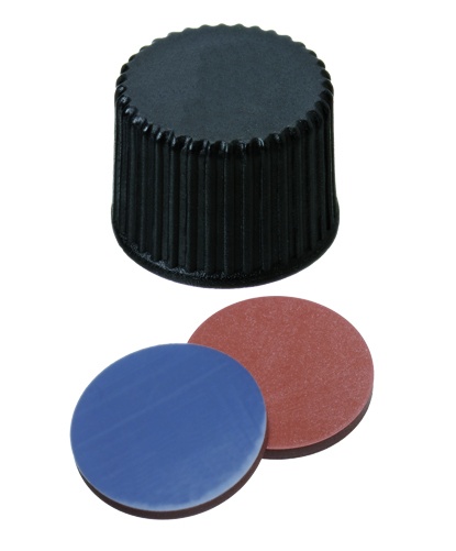 8 mm PP-Schraubkappe, schwarz, geschlossen, Gewinde 8-425; Butyl rot/PTFE grau, 55° Shore A, 1,3 mm