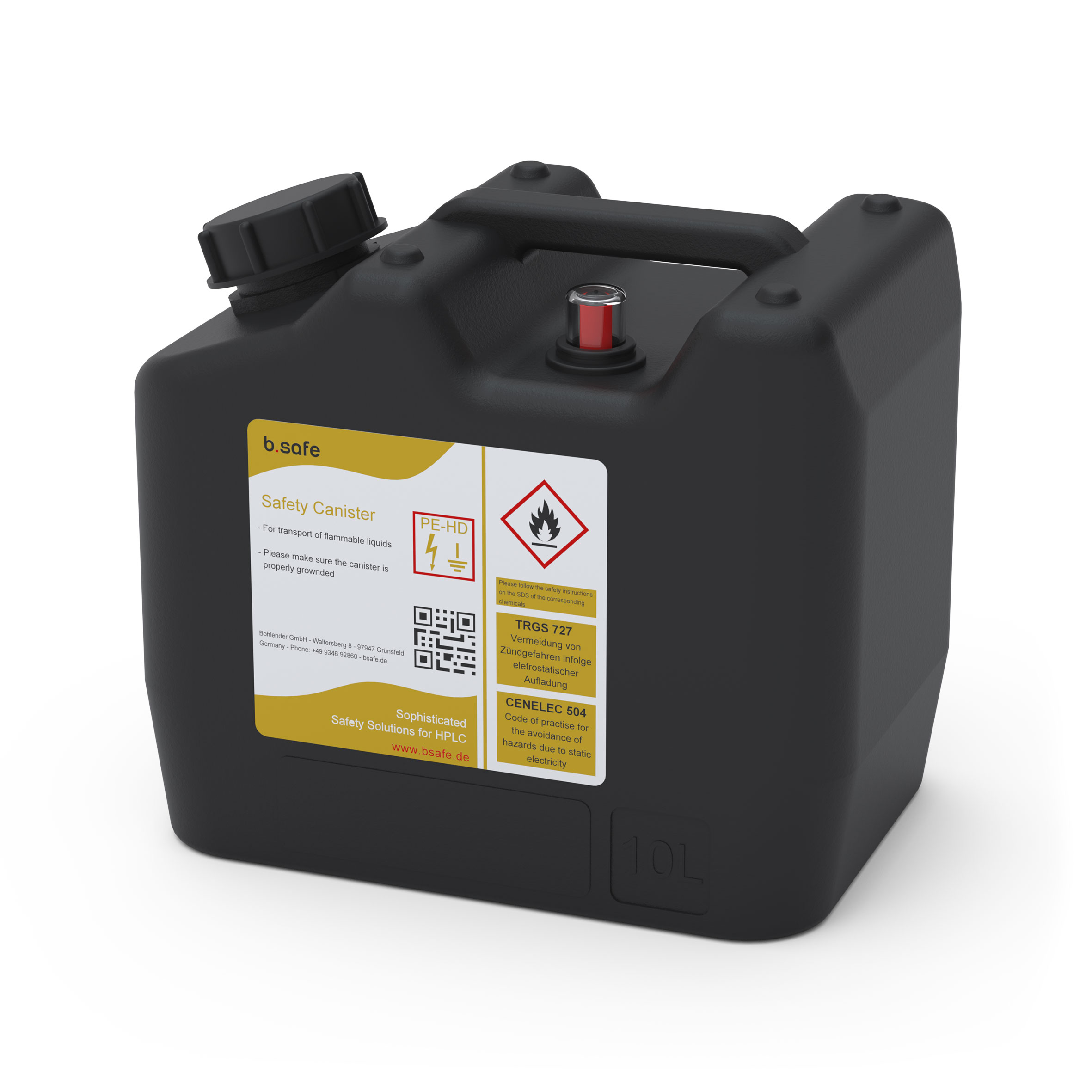 aus PE-HD-EX ableitfähig, mit Gewinde S60/61 (DIN60/61), schräger Stutzen, integrierte Füllstandsanzeige auf Oberseite, Abmessungen: L 295 x B 200 x H 255 mm