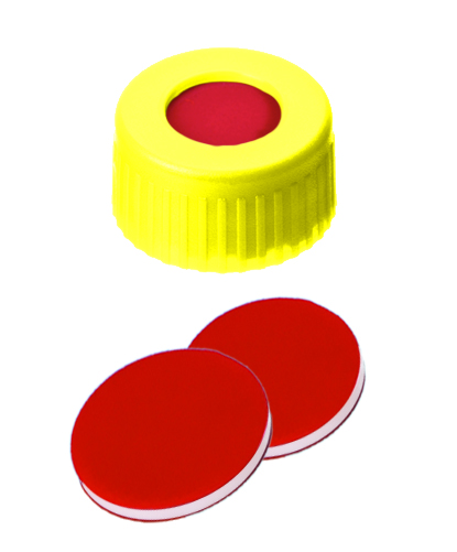 9mm Verschluss: PP Kurzgewindekappe, gelb, mit Loch; PTFE rot/Silicon weiß/PTFE rot, 45° shore A, 1,0mm