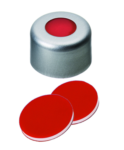 8mm Aluminium Bördelkappe farblos lackiert, PTFE rot/Silicon weiß/PTFE rot, 45° shore A, 1,0mm