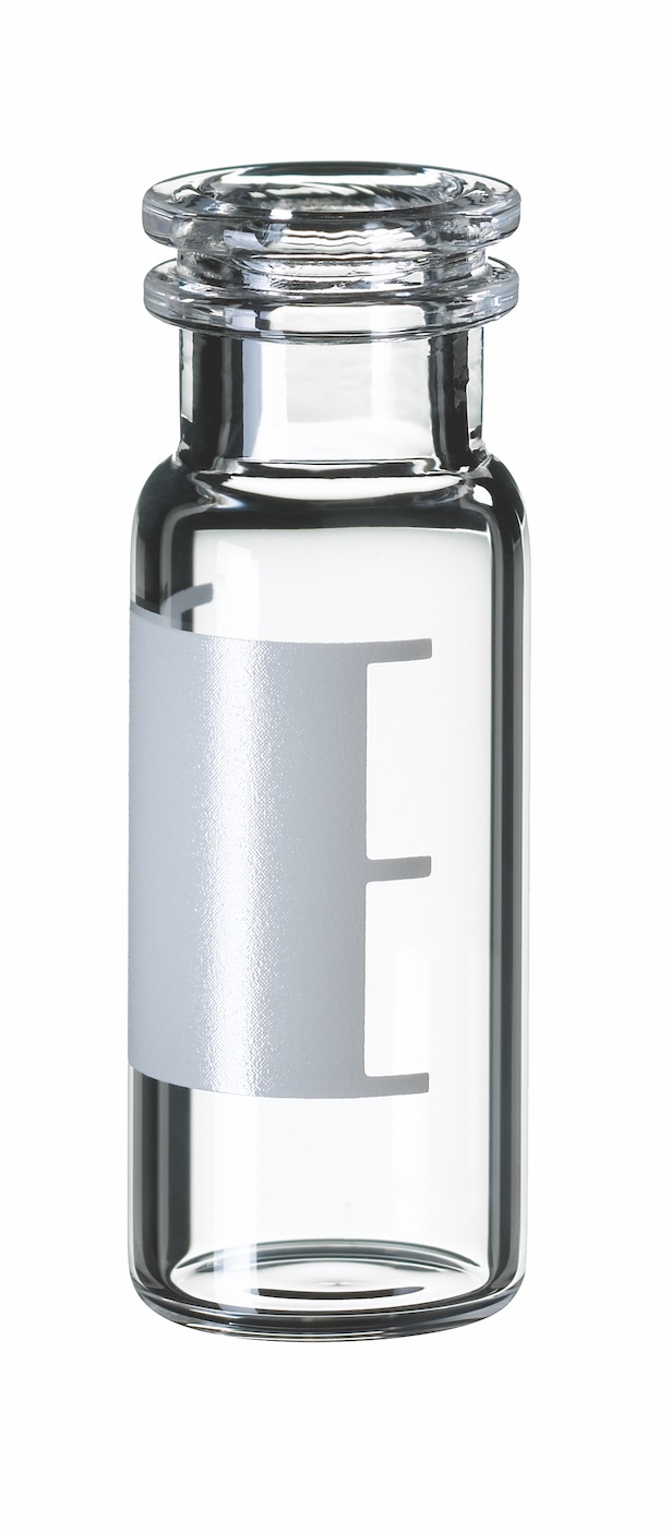 1,5ml Schnappringflasche, 32x11,6mm, Klarglas, 1. hydrol. Klasse, weite Öffnung, Schriftfeld u. Füllmarkierung