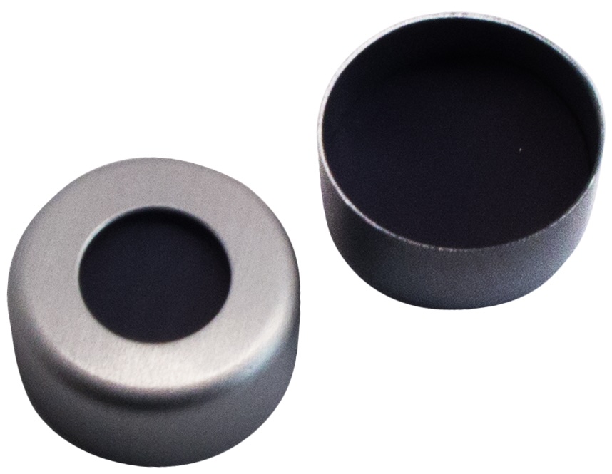 8 mm Aluminium-Bördelkappe, farblos lackiert, mit Loch; Viton schwarz, 70° Shore A, 1,5 mm