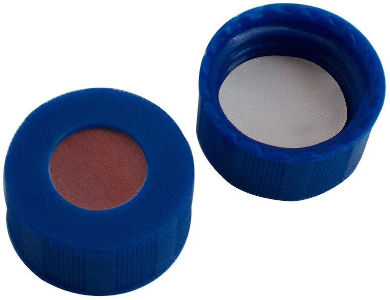 9 mm PP-Kurzgewindekappe, blau, mit Loch; RedRubber/PTFE beige, 45° Shore A, 1,0 mm