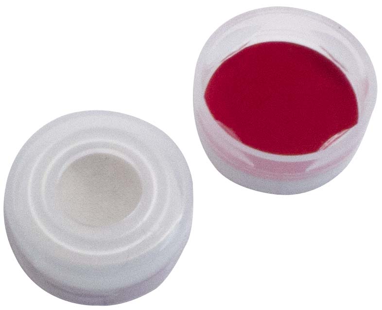11mm PE- Schnappringkappe, transparent, 5mm Loch; 11mm Scheibe Silicon weiß/ PTFE rot, 40 shore A, 1,0mm