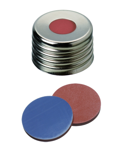 18mm Verschluss: Magnetische Universalschraubkappe, silber, mit Loch; Butyl rot/PTFE grau, 55° shore A, 1,6mm