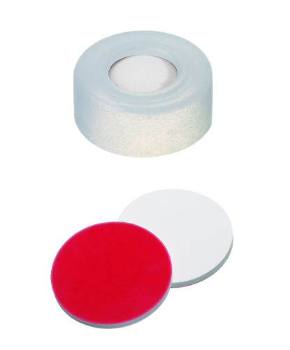 11mm PE- Schnappringkappe, transparent, 5mm Loch; 11mm Scheibe Silicon weiß/ PTFE rot, 40 shore A, 1,0mm