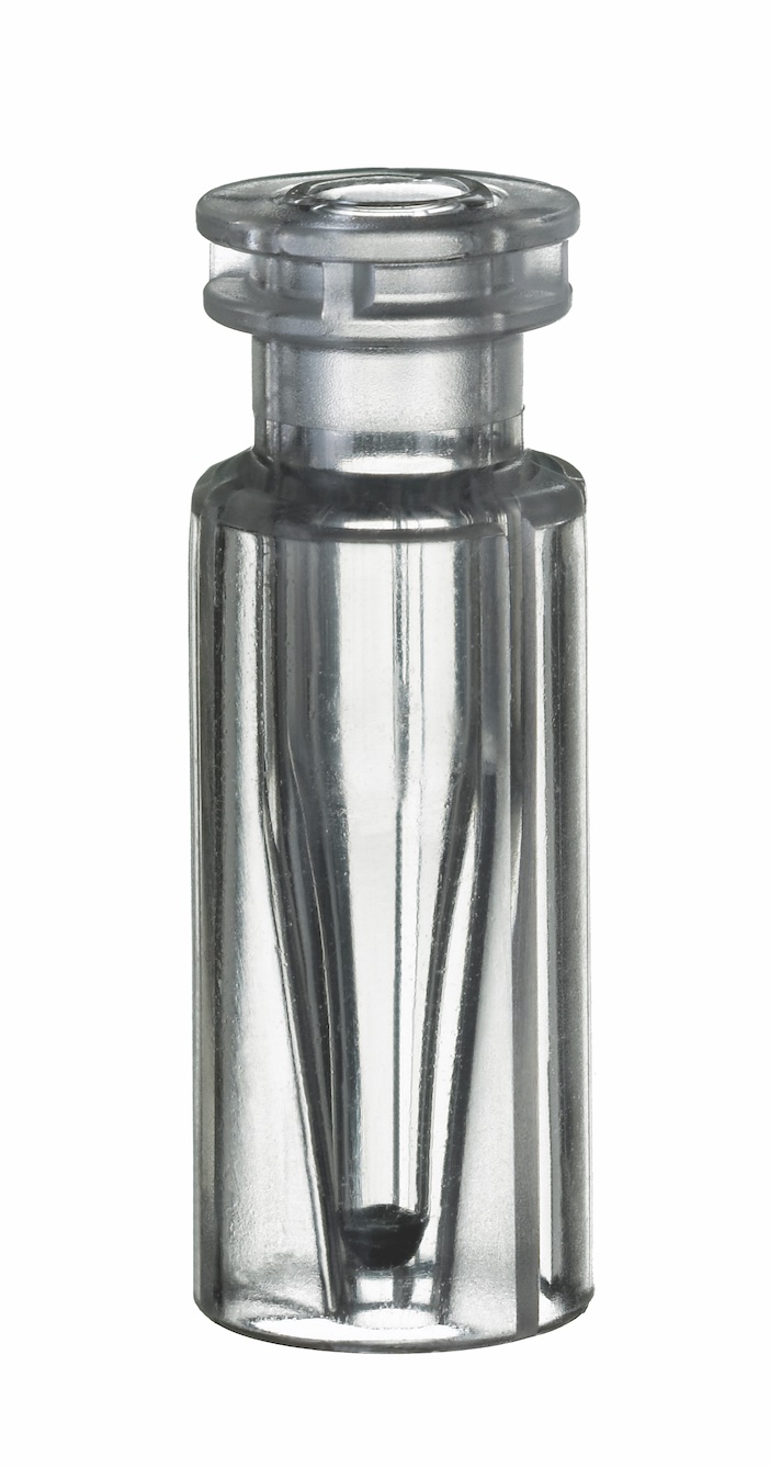 Schnappringflasche, 32x11,6, klar, mit integriertem 0,2ml Glas-Mikroeinsatz, 15mm Spitze