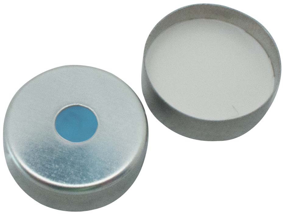 UltraClean Verschluss: 20mm Magnetische Bördelkappe, silber lackiert, mit 5mm Loch; Silicon blau transparent/PTFE transparent, 45° shore A, 3,0mm