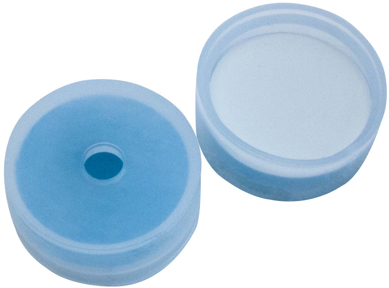 20 mm PE-Verschlusskappe, transparent, mit 4,3 mm Loch, Kappenhöhe 9,1 mm, Silicon blau transparent/PTFE weiß, 45° Shore A, 1,3 mm