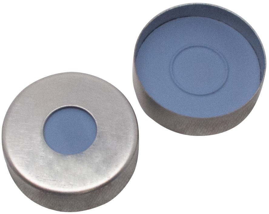 20 mm Magnetische Bördelkappe, silber lackiert, mit 8 mm Loch; Formscheibe Butyl, grau, 55° Shore A, 3,0 mm