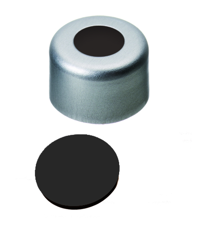 8mm Verschluss: Aluminium Bördelkappe, farblos lackiert, mit Loch; Viton 1A schwarz, 70° shore A, 1,0mm