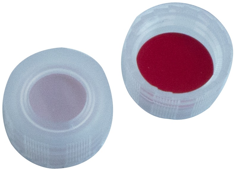 9 mm UltraBond Verschluss: PP-Kurzgewindekappe, transparent, mit Loch; Silicon weiß/PTFE rot, 55° Shore A, 1,0 mm