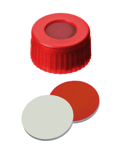9mm Verschluss: PP Kurzgewindekappe, rot, mit Loch; RedRubber / PTFE beige, 45° shore A, 1,0mm