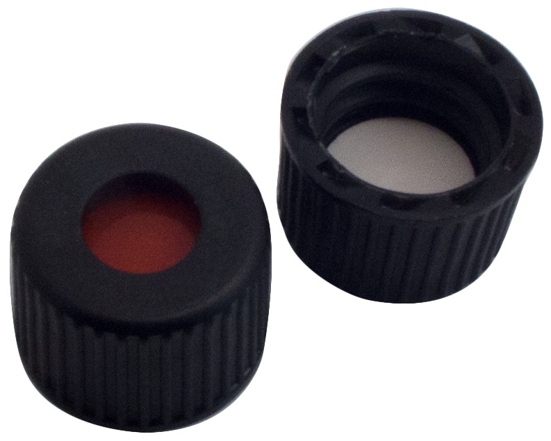 8 mm PP-Schraubkappe, schwarz, mit Loch; RedRubber/PTFE beige, 45° Shore A, 1,0 mm