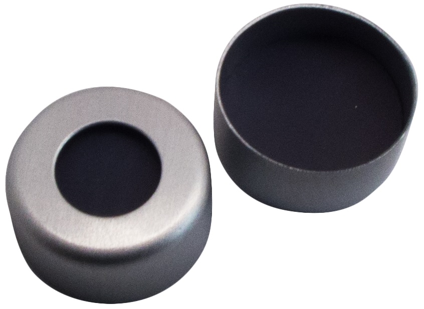 11 mm Aluminium-Bördelkappe, farblos lackiert, 5,5 mm Loch; Viton schwarz, 75 Shore A, 1,5 mm