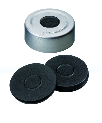 20mm Verschluss: Headspace-Kappe, farblos lackiert; 20mm Scheibe; 20mm Formscheibe, Butyl, hellgrau, 55° shore A, 3,0mm