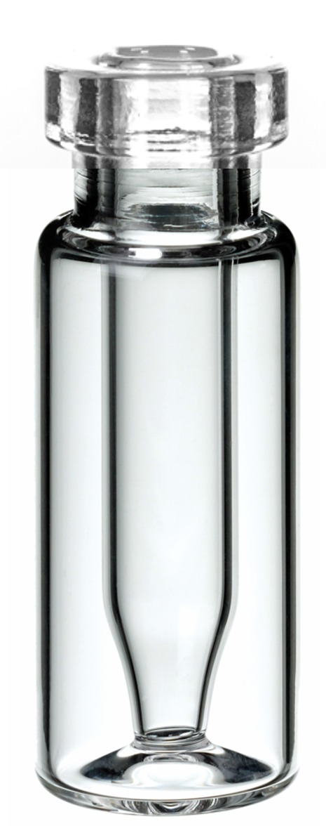 Rollrandflasche mit integriertem 0,3 ml Mikroeinsatz, 32 × 11,6 mm, Klarglas, 1. hydrolytische Klasse, "Base Bond" mit weitem Mikroeinsatz