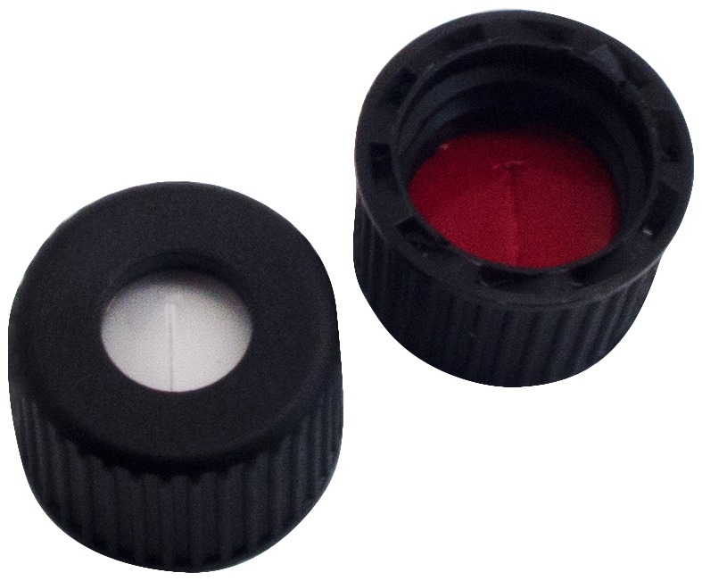 8 mm PP-Schraubkappe, schwarz, mit Loch; Silicon weiß/PTFE rot, 45° Shore A, 1,3 mm, geschlitzt