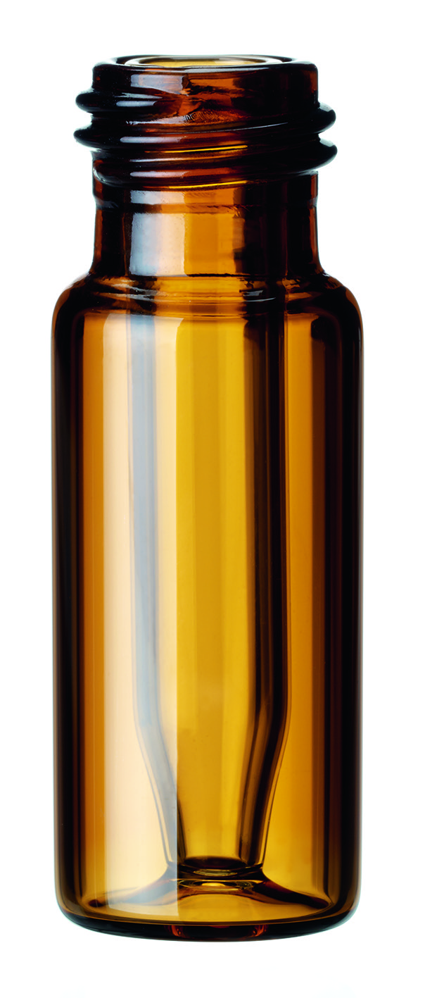 Kurzgewindeflasche mit integriertem 0,3 ml Mikroeinsatz, 32 × 11,6 mm, Braunglas, 1. hydrolytische Klasse, "Base Bond" mit weitem Mikroeinsatz