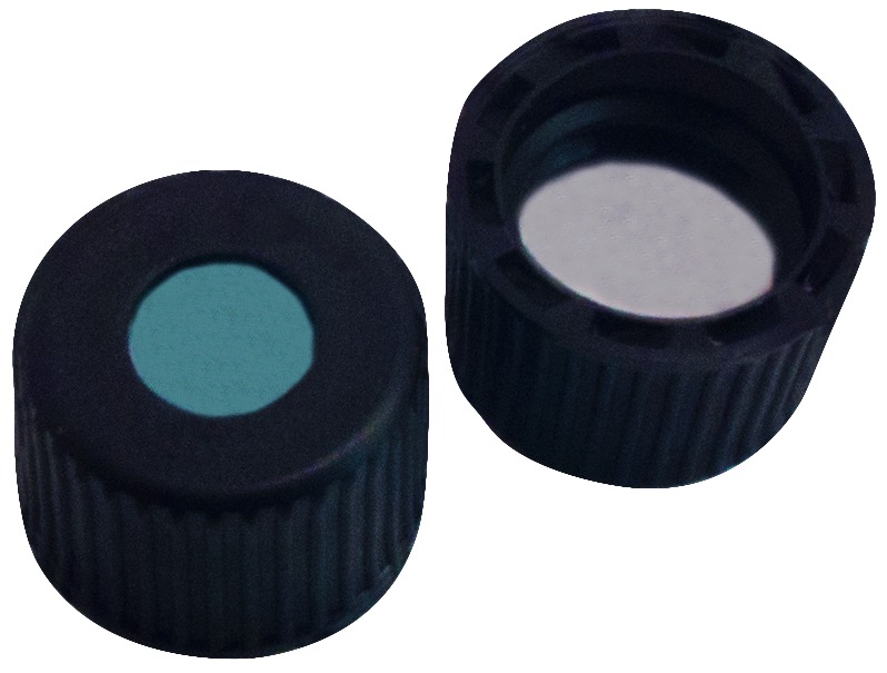 8 mm UltraClean PP-Schraubkappe, schwarz, mit Loch; Silicon blau transparent/PTFE weiß, 45° Shore A, 1,3 mm