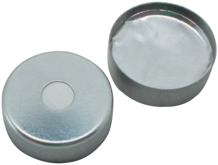 20 mm Magnetische Bördelkappe, silber lackiert, mit 5 mm Loch; Silicon weiß/Aluminiumfolie silber, 50° Shore A, 3,0 mm