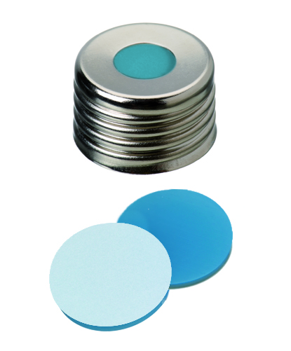 UltraClean Verschluss: 18mm magnetische Universalschraubkappe, silber, mit Loch; Silicon blau transparent/PTFE weiß, 45° shore A, 1,3mm