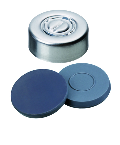 20mm Verschluss: Aluminium Bördelkappe, walzblank, Mittelabriss; Formscheibe Butyl/PTFE, grau, 50° shore A, 3,0mm