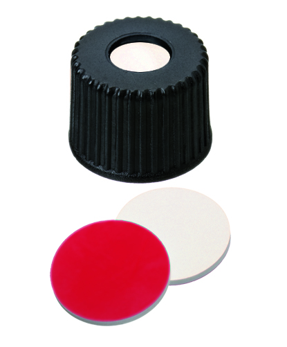 UltraClean Verschluss:  8mm PP Schraubkappe, schwarz, mit Loch, Gewinde 8-425; Silicon creme/ PTFE rot, 55° shore A, 1,5mm