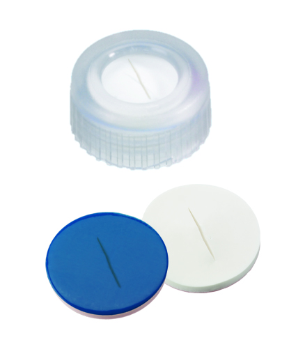 9mm PP Kurzgewindeschraubkappe, transparent, 6mm Loch; Silicon weiß/ PTFE blau, 55° shore A, 1,0mm, geschlitzt